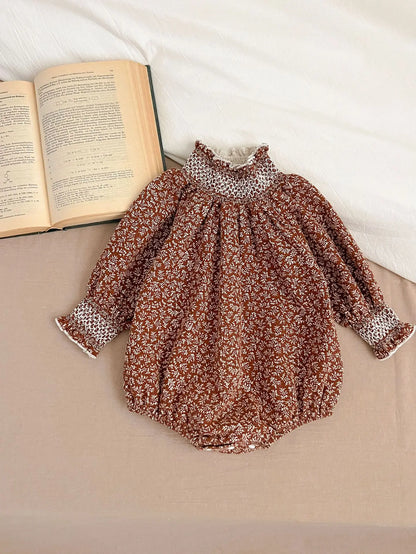 長袖ロンパース brown romper / 66cm 0-6m ベビーロンパース/キッズワンピース スタンドフリルカラー 花柄フラワープリント お出かけ リンクコーデ 姉妹お揃いコーデ 2カラー