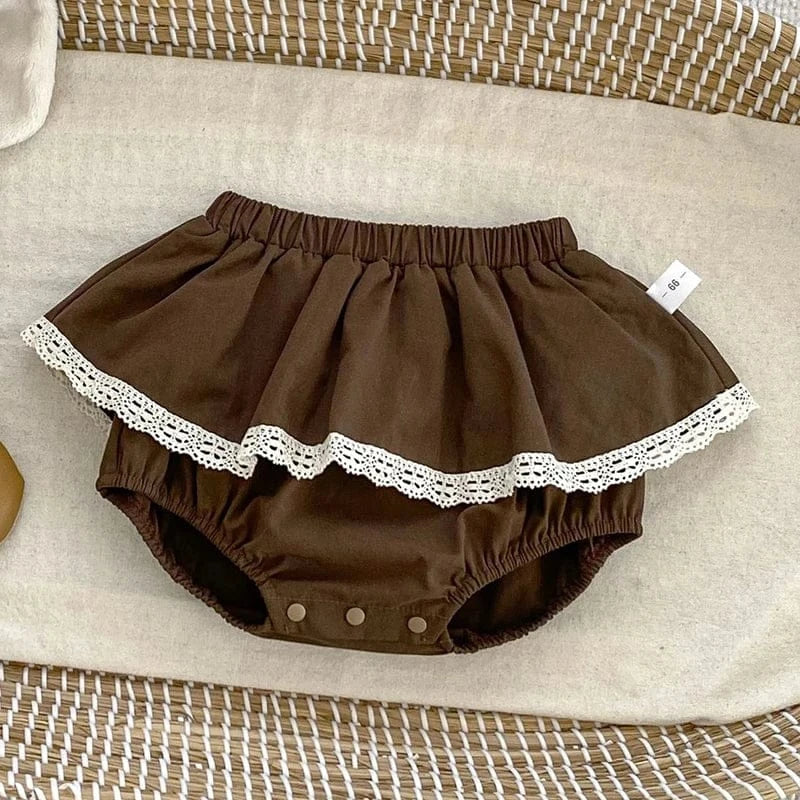 長袖セットアップ brown shorts / 6M 66cm ベビートップス/ブルマ リボン丸襟長袖Tシャツブラウス/フリルレースブルマパンツ 2カラー【mh0007186】
