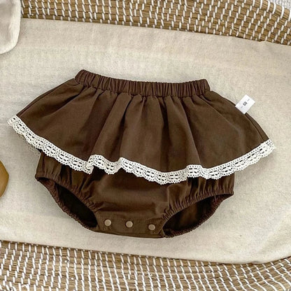 長袖セットアップ brown shorts / 6M 66cm ベビートップス/ブルマ リボン丸襟長袖Tシャツブラウス/フリルレースブルマパンツ 2カラー【mh0007186】
