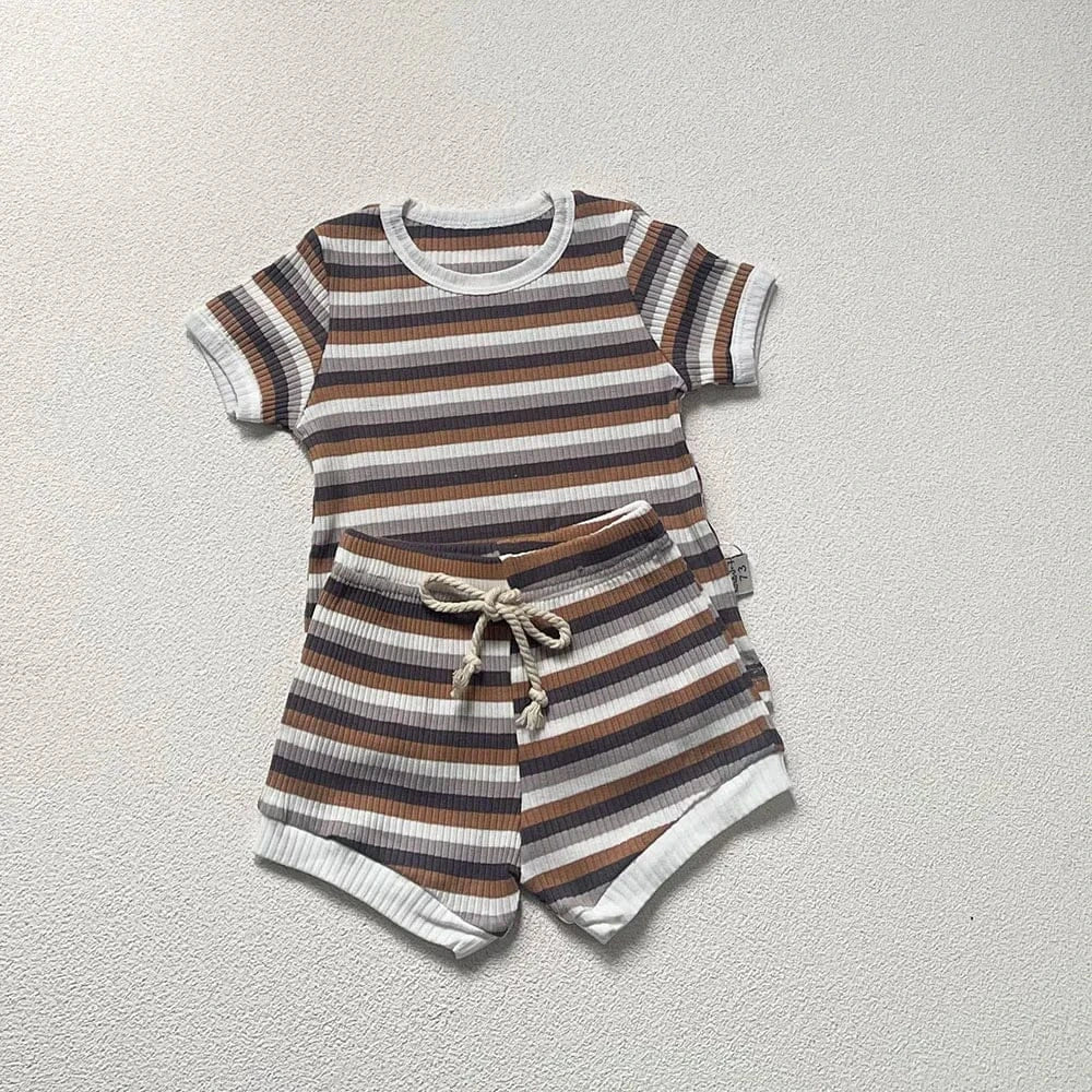 半袖セットアップ brown stripe / 73cm ベビーセットアップ 2点セット 半袖Tシャツ+ショートパンツ シンプルベーシック 無地/ボーダー 5カラー