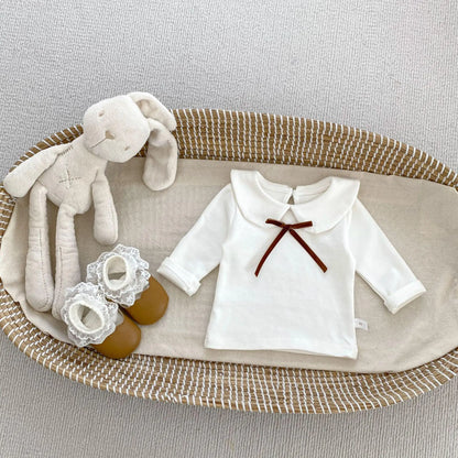 長袖セットアップ brown tops / 6M  66CM ベビートップス/パンツ リボン丸襟長袖Tシャツブラウス/ミニスカートドッキングブルマパンツ【mh0008559】