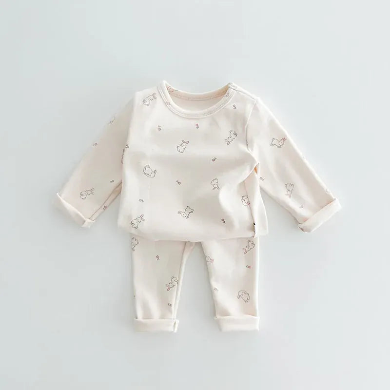 長袖パジャマ bunny / 66cm / 取り寄せ（3〜14日） ☺︎ ベビーパジャマセット セットアップ 2点セット 長袖Tシャツ ロングパンツ フラワー花柄 うさぎバニープリント柄