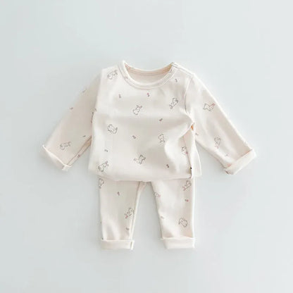 長袖パジャマ bunny / 66cm / 取り寄せ（3〜14日） ☺︎ ベビーパジャマセット セットアップ 2点セット 長袖Tシャツ ロングパンツ フラワー花柄 うさぎバニープリント柄