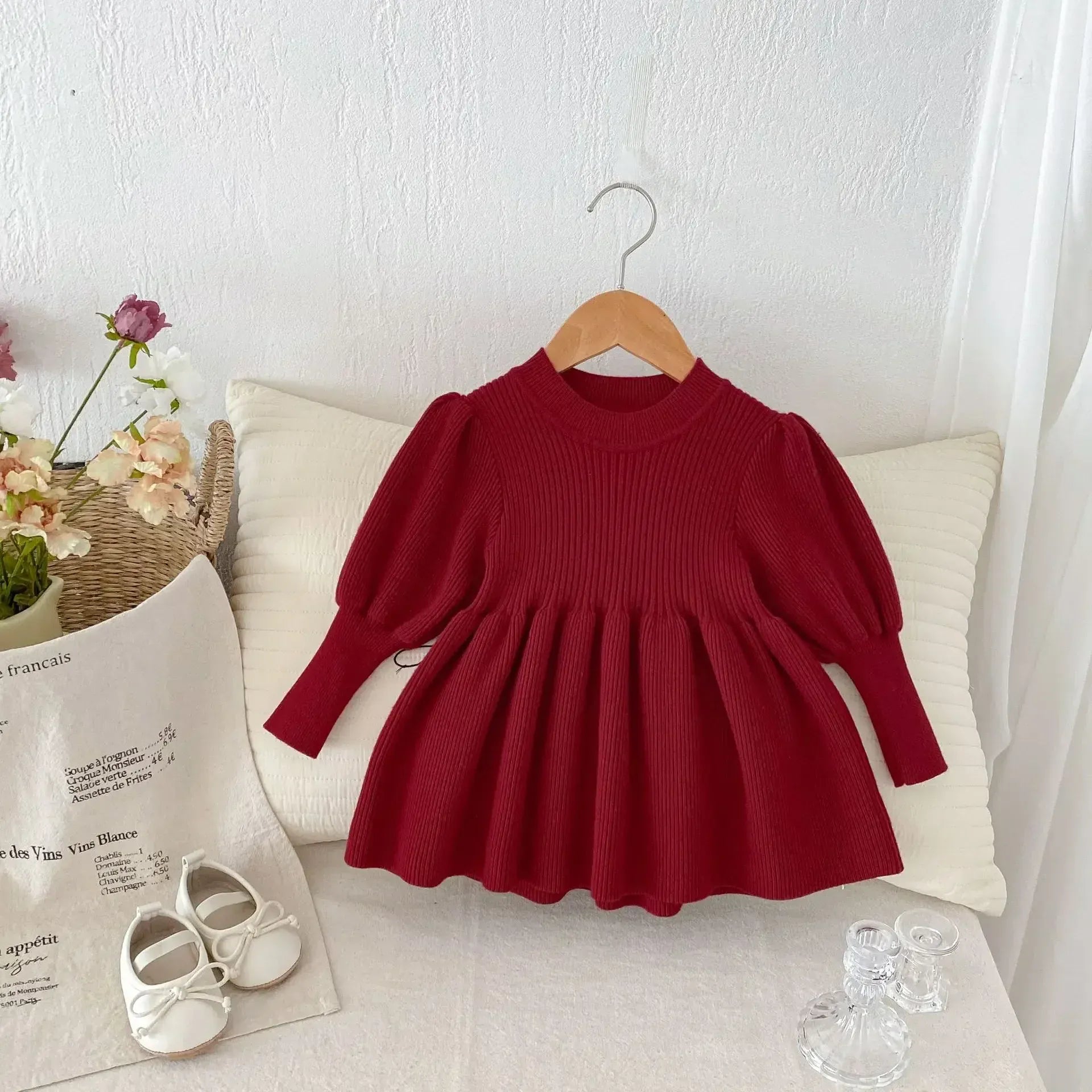 長袖ワンピース Burgundy / 73cm 6-9M ベビーキッズワンピース 長袖パフスリーブニットドレスミニワンピース 4カラー【mh0007291】