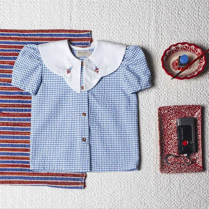 半袖シャツ・ブラウス C / 80cm キッズトップス 半袖パフスリーブブラウス レトロ チェック/フラワ花柄プリント【mh0005920】