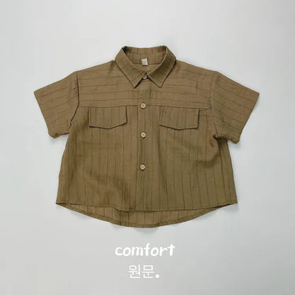 半袖シャツ・ブラウス camel / 12M  80cm キッズトップス コットンリネン 半袖シャツ ストライプ 2カラー