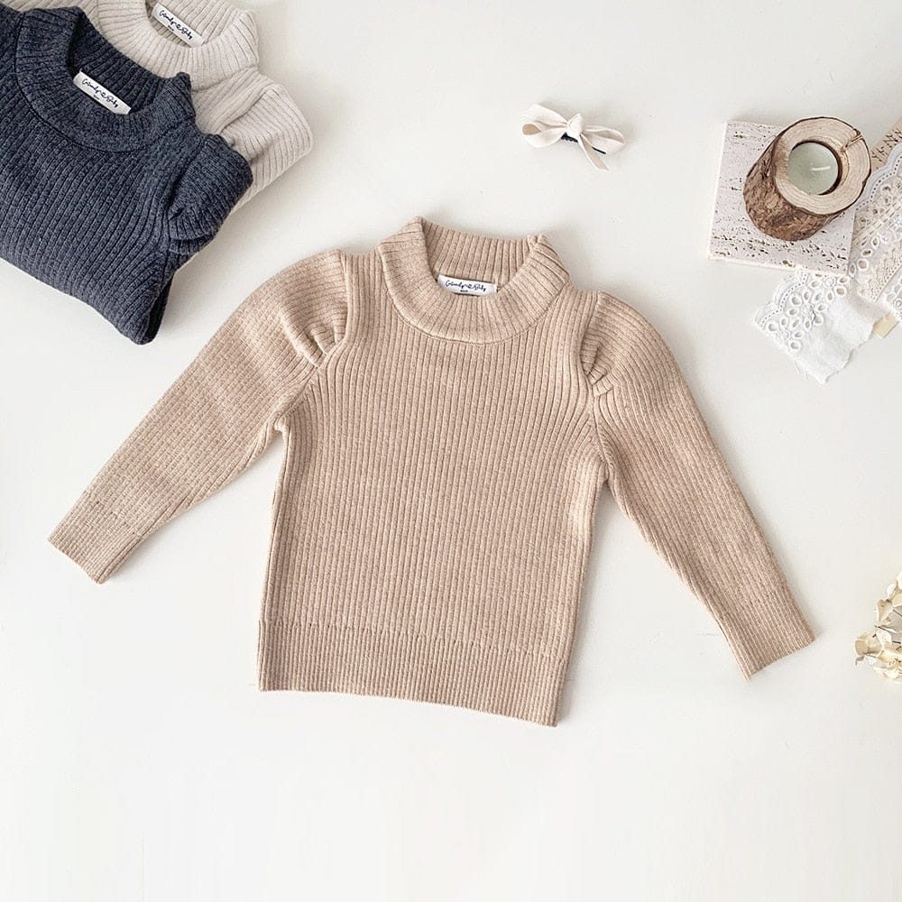 ニット・セーター Camel / 73cm ベビー キッズ 長袖カットソー ニット パフスリーブ ハイネックセーター トップス キャメル ベージュ ダークグレー 3カラー ガールズ 女の子 子供服