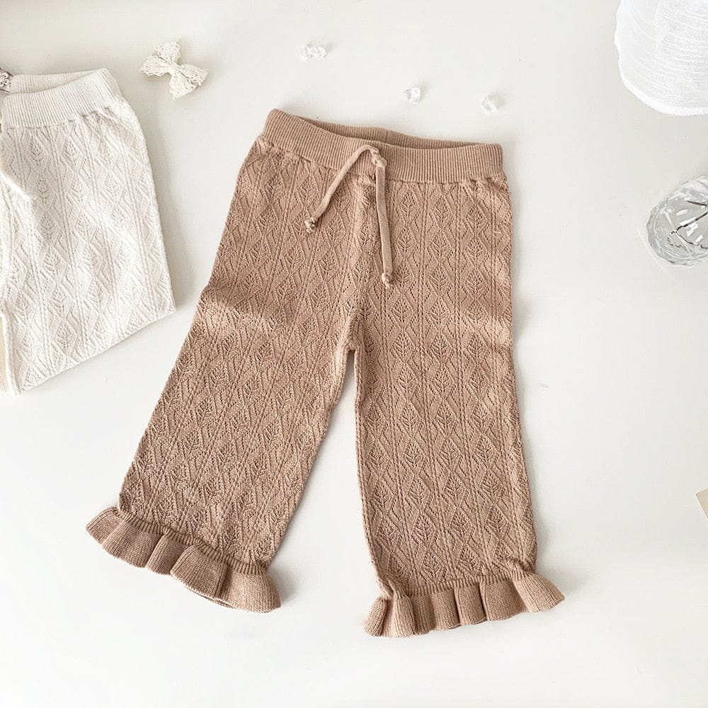 ロングパンツ・スウェットパンツ Camel / 9M/73cm ベビー キッズ サマー レースニット 透け感 ラッフルフリル ルーズ ワイド パンツ ベージュ キャメルブラウン ガールズ