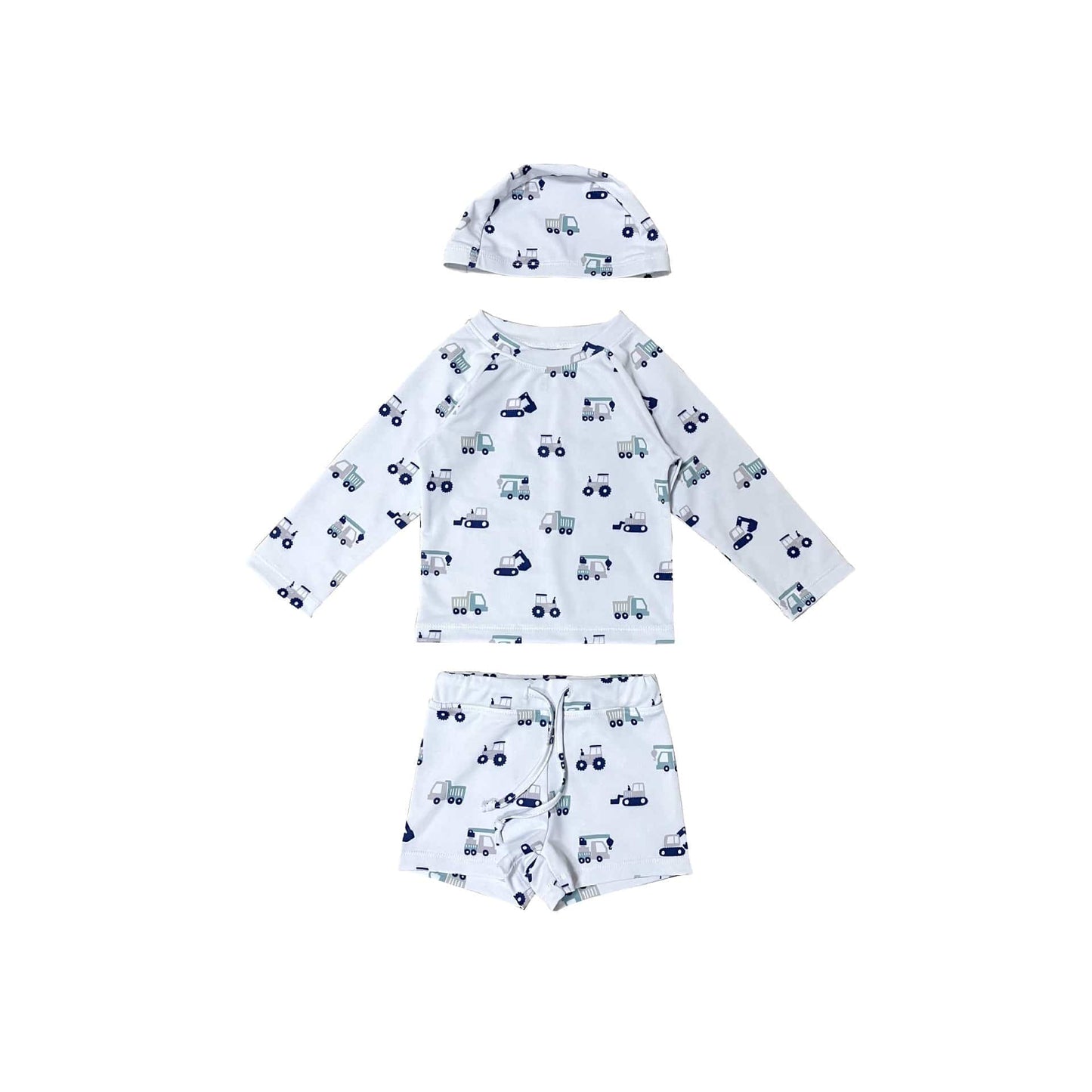 ベビー用水着 car 3pc set / 80cm ベビー キッズ 水着 ラッシュガード セパレート 長袖 トップス ショートパンツ 帽子 ボーイズ アニマル スペース 宇宙 スイムウェア【mh0002464】