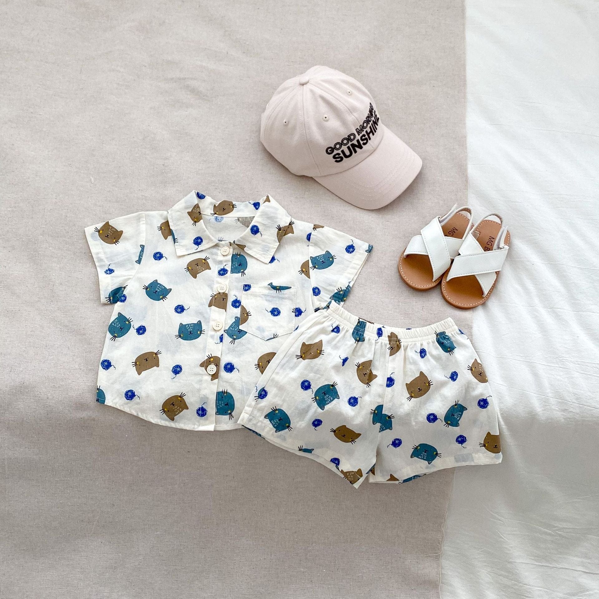 半袖セットアップ cat / 73cm 6-9M ベビーキッズセットアップ 2点セット 半袖シャツ+ショートパンツ 星スター猫キャットプリント柄【mh0005354】