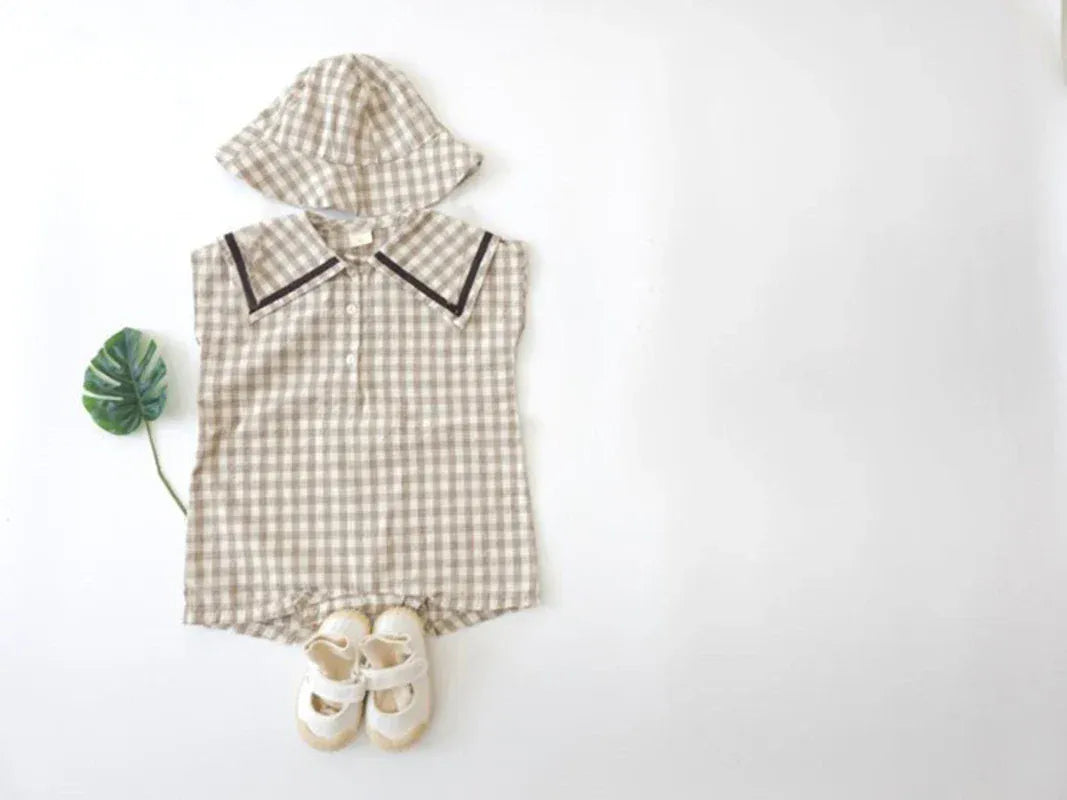 ノースリーブロンパース Check / 3M 66cm ベビーロンパース 帽子セット ノースリーブセーラーカラージャンプスーツ チェック/無地 チューリップハットセット 2カラー【mh0006078】