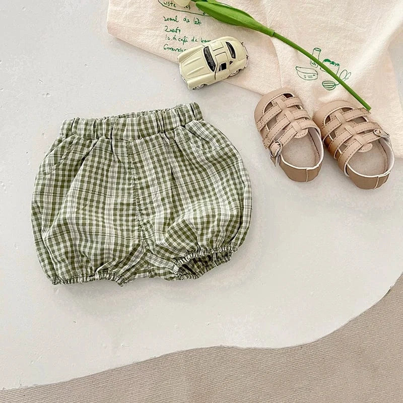 半袖セットアップ Check / 66cm ベビートップス/パンツ ボーダー半袖Tシャツ/恐竜プリントタンクトップ/無地ショートパンツ/チェックバルーンショートパンツ【mh0005548】