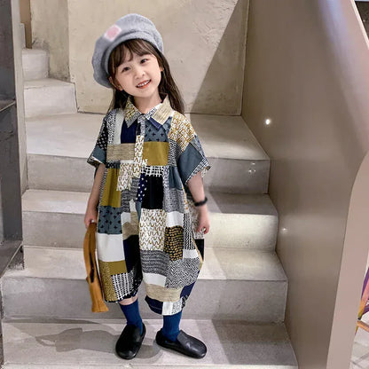 半袖ジャンプスーツ Check / 90cm キッズジャンプスーツ シャツつなぎ チェック パッチワーク ルーズスタイル【mh0006045】