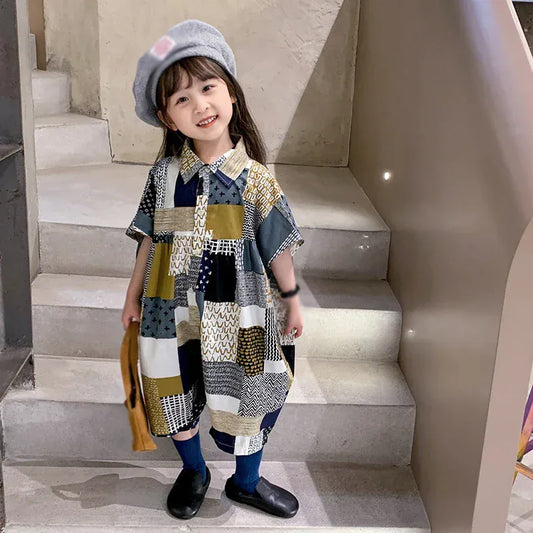 半袖ジャンプスーツ Check / 90cm キッズジャンプスーツ シャツつなぎ チェック パッチワーク ルーズスタイル【mh0006045】