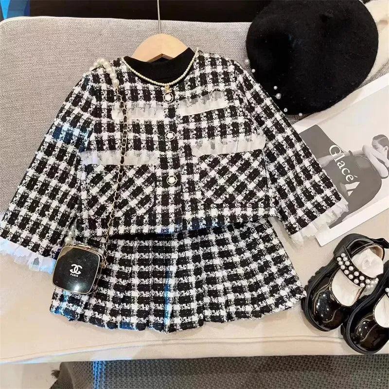 長袖セットアップ check skirt set / 24M (80-90cm) キッズセットアップ 2点セット ツイードレースフリル ジャケット プリーツスカート スーツ 卒園式 入学式