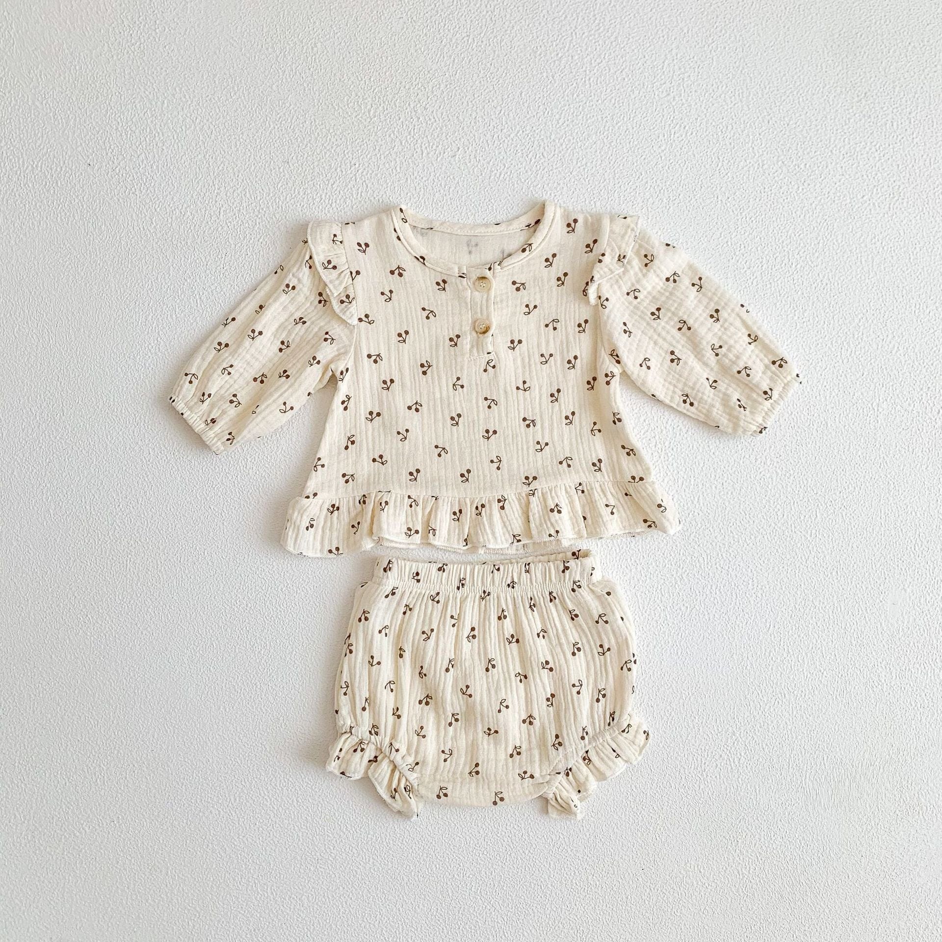 長袖セットアップ cherry 2pc set / 66cm ベビー セットアップ フラワー 無地 長袖 ブラウス ブルマパンツ ガールズ 2965B