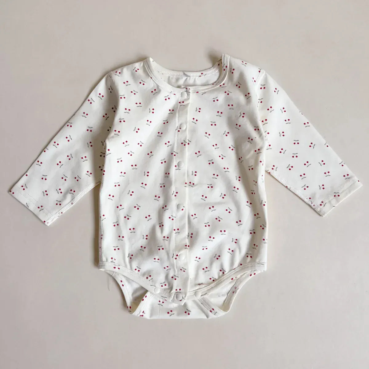 長袖ロンパース cherry / 6M  66CM ベビーロンパース プリント柄フロントボタン長袖ボディスーツ 3カラー【mh0006786】