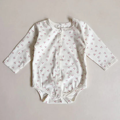 長袖ロンパース cherry / 6M  66CM ベビーロンパース プリント柄フロントボタン長袖ボディスーツ 3カラー【mh0006786】