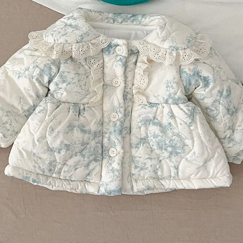 アウタージャンプスーツ coat / 66cm / 取り寄せ（7〜21日） ベビーアウター キルティングジャンプスーツ コート フラワー 花柄プリント フリルレース ガールズ 女の子 子供服