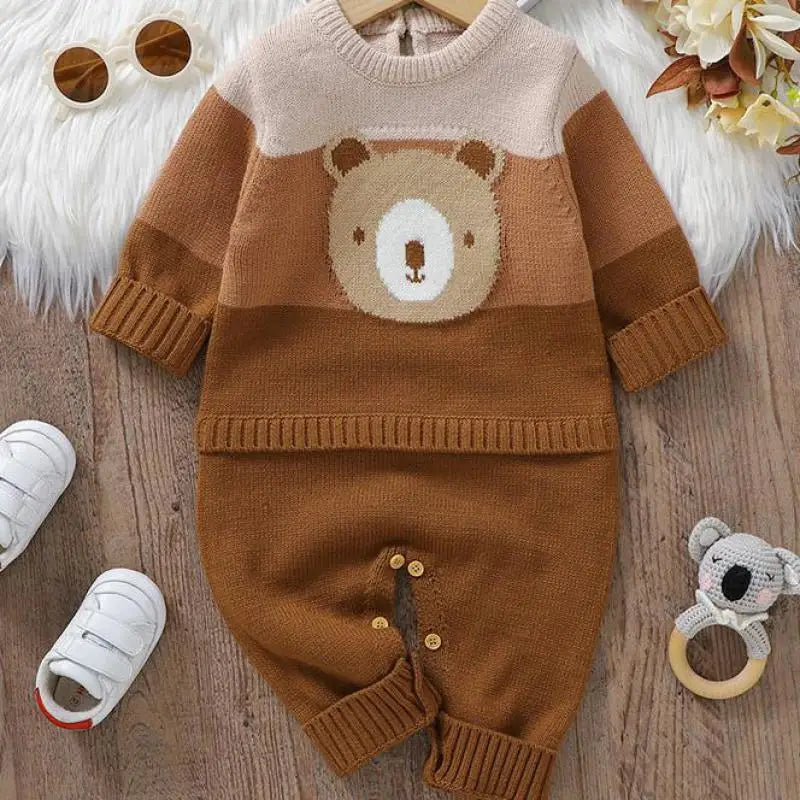 長袖ロンパース coffee / 1-3M  62cm ベビーロンパース ベアくまワッペンボーダーニットドッキングジャンプスーツ 3カラー