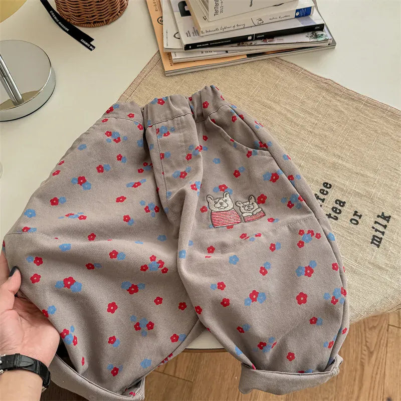ロングパンツ・スウェットパンツ coffee / 12M  80cm キッズパンツ ベアくま刺繍レトロフラワープリントロングルーズハーレムパンツ 2カラー