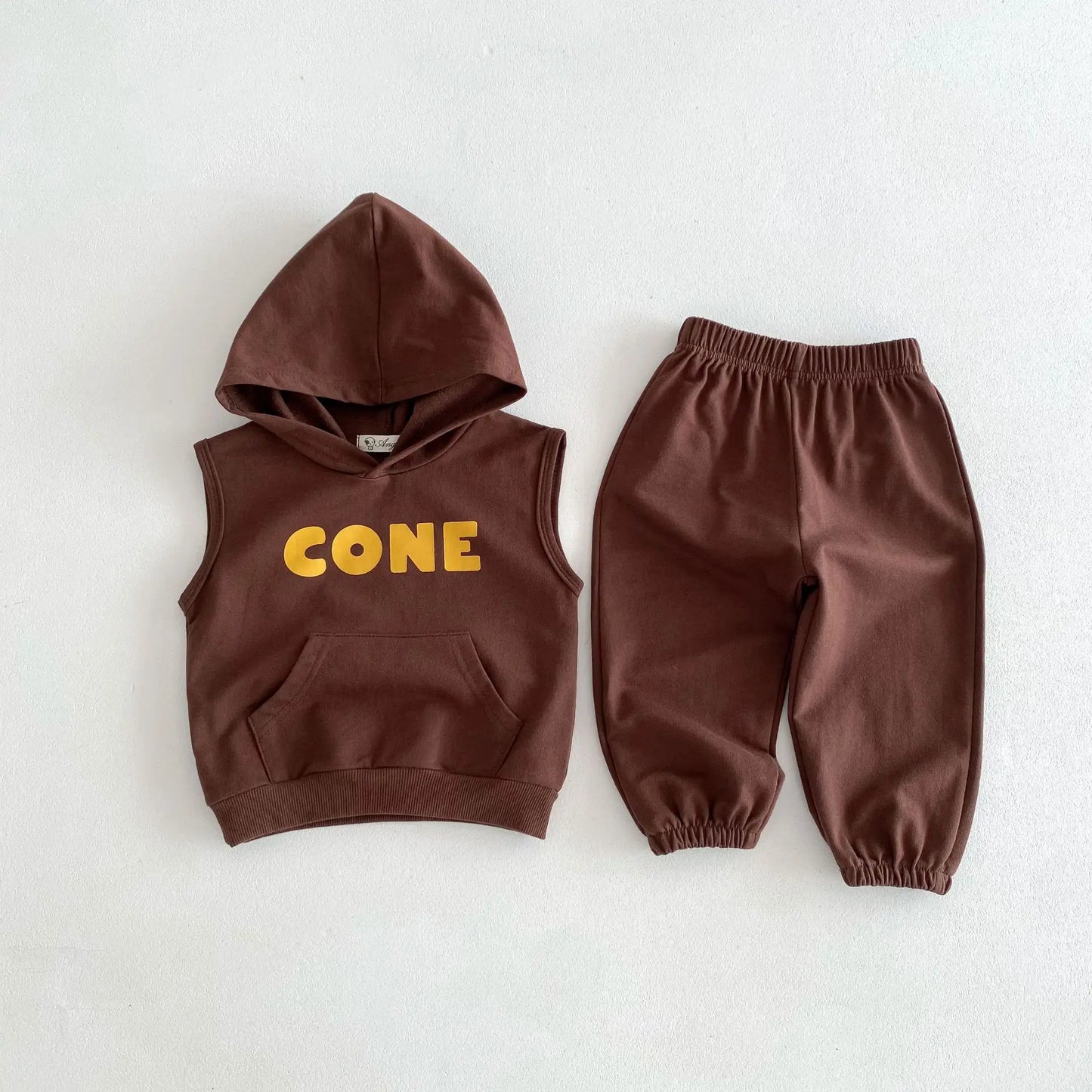 ノースリーブセットアップ coffee / 12M  80cm キッズセットアップ 2点セット ノースリーブフード付きベスト + パンツ
