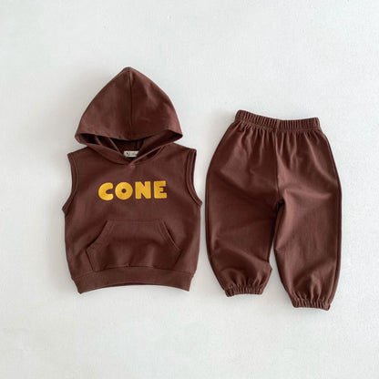 ノースリーブセットアップ coffee / 12M  80cm キッズセットアップ 2点セット ノースリーブフード付きベスト + パンツ