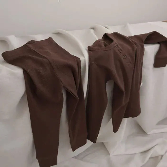 長袖パジャマ coffee / 12M  80cm キッズセットアップ 2点セット 長袖Tシャツ+ロングパンツ シンプルベーシック ルームウェア パジャマ