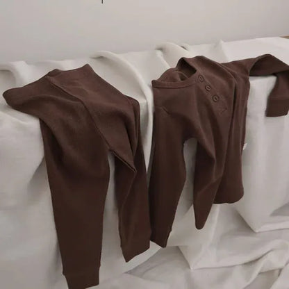 長袖パジャマ coffee / 12M  80cm キッズセットアップ 2点セット 長袖Tシャツ+ロングパンツ シンプルベーシック ルームウェア パジャマ