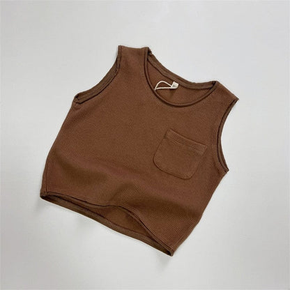 タンクトップ・キャミソール・ノースリーブトップス Coffee / 12M/80cm キッズ ワッフル ポケット タンクトップ ノースリーブ Tシャツ ベージュ コーヒーブラウン ボーイズ【mh0002232】