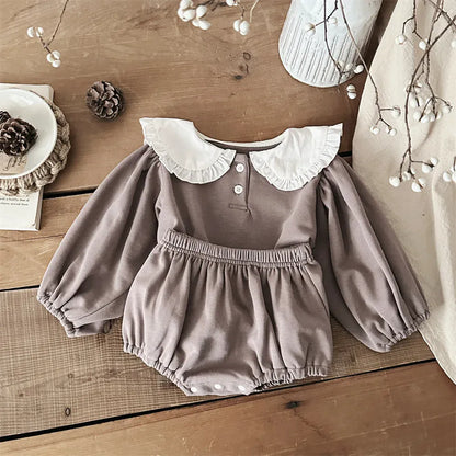 長袖セットアップ Coffee / 3-6 Months  66cm ベビーセットアップ 2点セット フリル丸襟長袖パフスリーブブラウス+ブルマパンツ【mh0008847】
