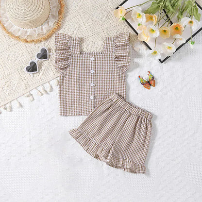 半袖セットアップ Coffee / 3-6M 66cm ベビーセットアップ 2点セット フリルスリーブブラウス+ショートパンツ チェック 2カラー【mh0005857】