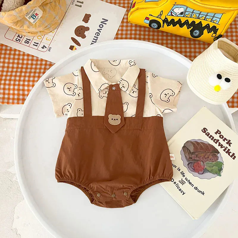 半袖ロンパース coffee / 66cm ベビーロンパース 半袖ドッキングボディスーツ ネクタイ ベアくまプリント