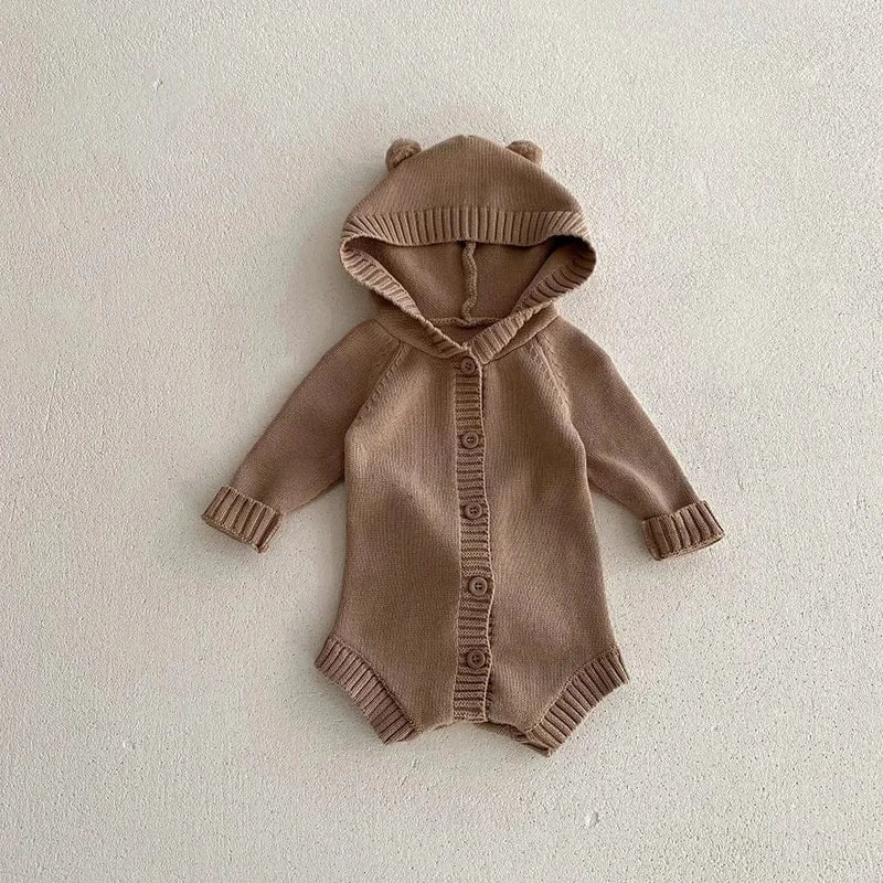 長袖ロンパース coffee / 66cm ベビー長袖ロンパース ニットクマ耳フーディボディスーツ ベージュ コーヒー ユニセックス 男の子 女の子 子供服