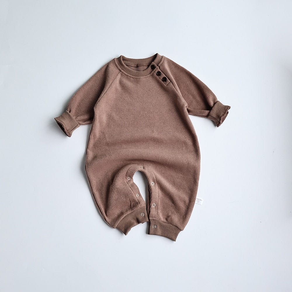 長袖ロンパース coffee / 66cm ベビー服 ロンパース ジャンプスーツ 長袖 カバーオール シンプル ベーシック ルーズ コットン コーヒー ベージュ 男の子 女の子