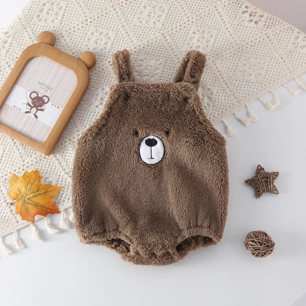 ノースリーブロンパース Coffee / 66cm 0-6m ベビーロンパース ファーフリースベアくま刺繍サスペンダーボディスーツ 2カラー【mh0007500】