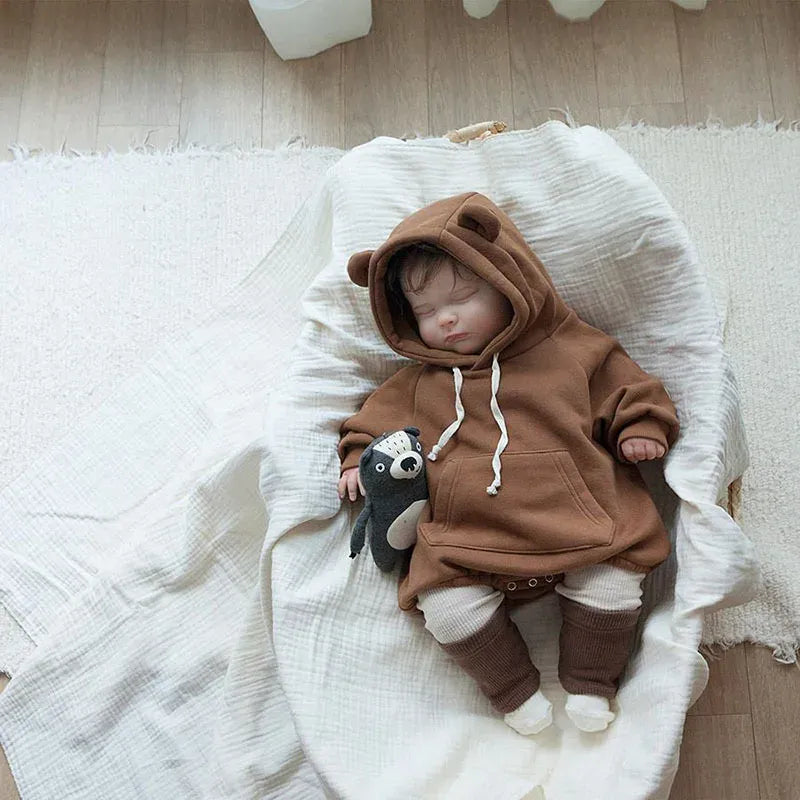 長袖ロンパース Coffee / 66cm 0-6m ベビーロンパース くま耳フーディフリースポケット付き長袖ボディスーツ【mh0007627】