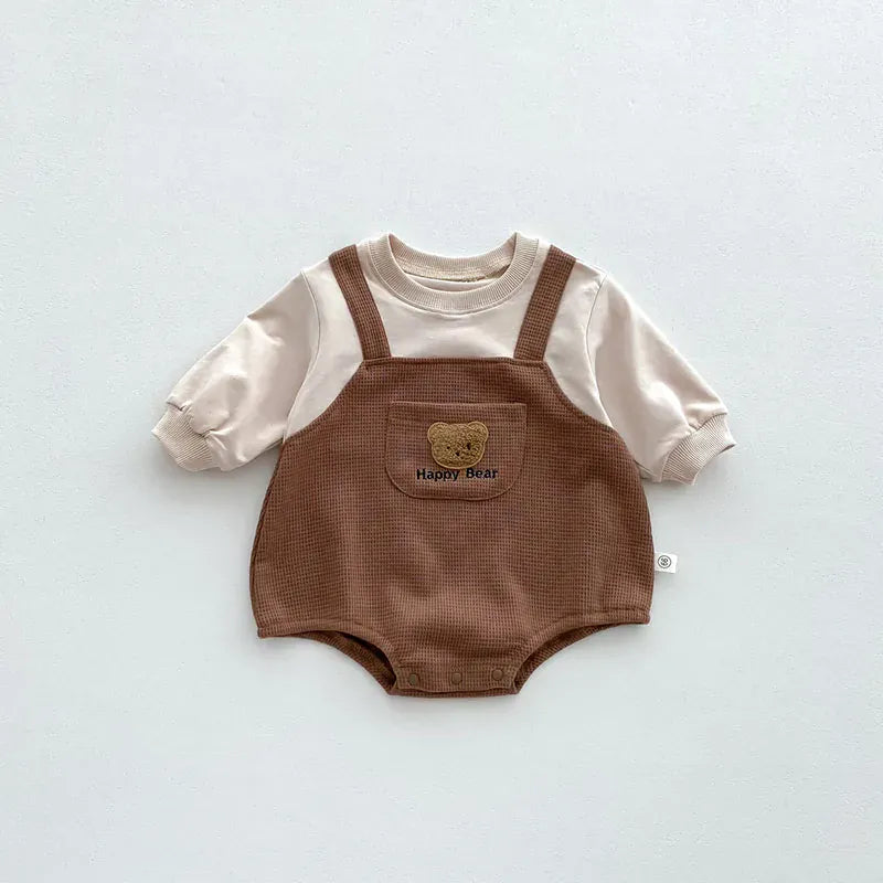 長袖ロンパース coffee / 66cm ベビーロンパース ワッフル 長袖ドッキングボディスーツ ベアくまワッペン 2カラー