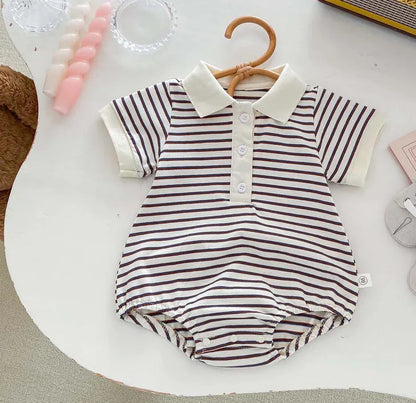 半袖ロンパース Coffee / 66cm ベビーロンパース 半袖ポロシャツボディスーツ ボーダー柄 2カラー【mh0004538】