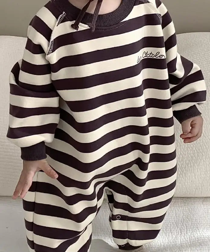 長袖ロンパース coffee / 6M  66cm ベビー長袖ロンパース ボーダースウェットジャンプスーツ 2カラー ボーイズ 男の子 子供服