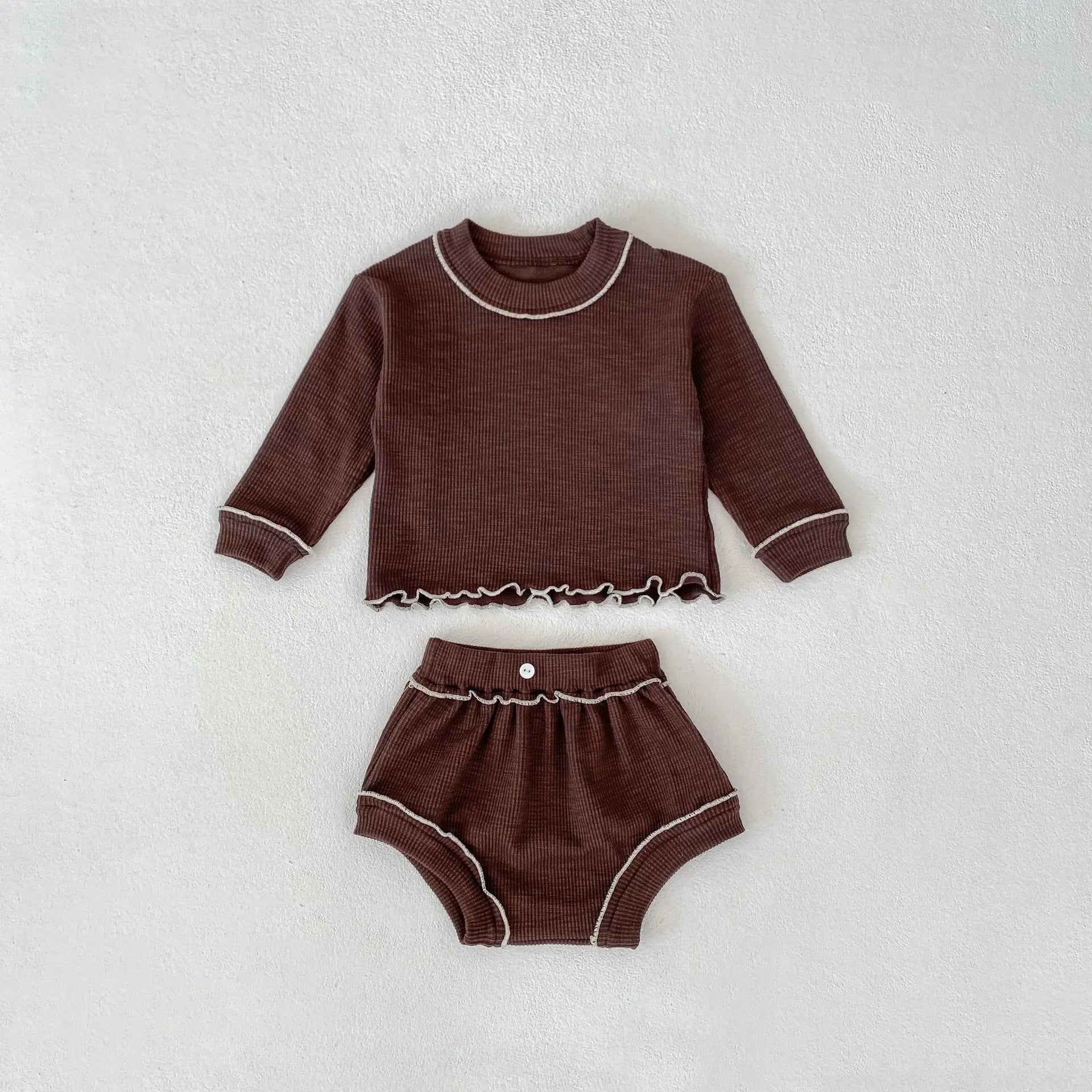 長袖セットアップ Coffee / 6M (66cm) ベビーセットアップ 2点セット 長袖Tシャツ ブルマパンツ シンプルベーシック 3カラー