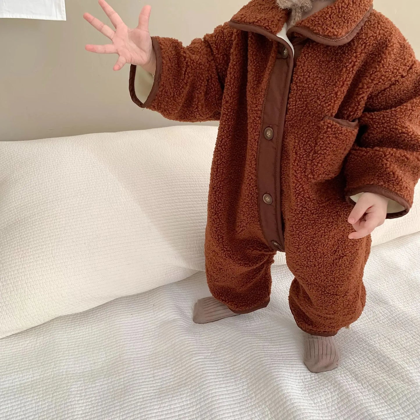 アウタージャンプスーツ coffee / 6M  66cm ベビーアウタージャンプスーツ ボアフリース長袖ロンパース 3カラー ユニセックス 男の子 女の子 子供服