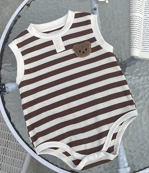 ノースリーブロンパース Coffee / 6M/66cm ベビー ワッフル ボーダー くま ベア ワッペン ノースリーブ ロンパース 4カラー ユニセックス【mh0002070】