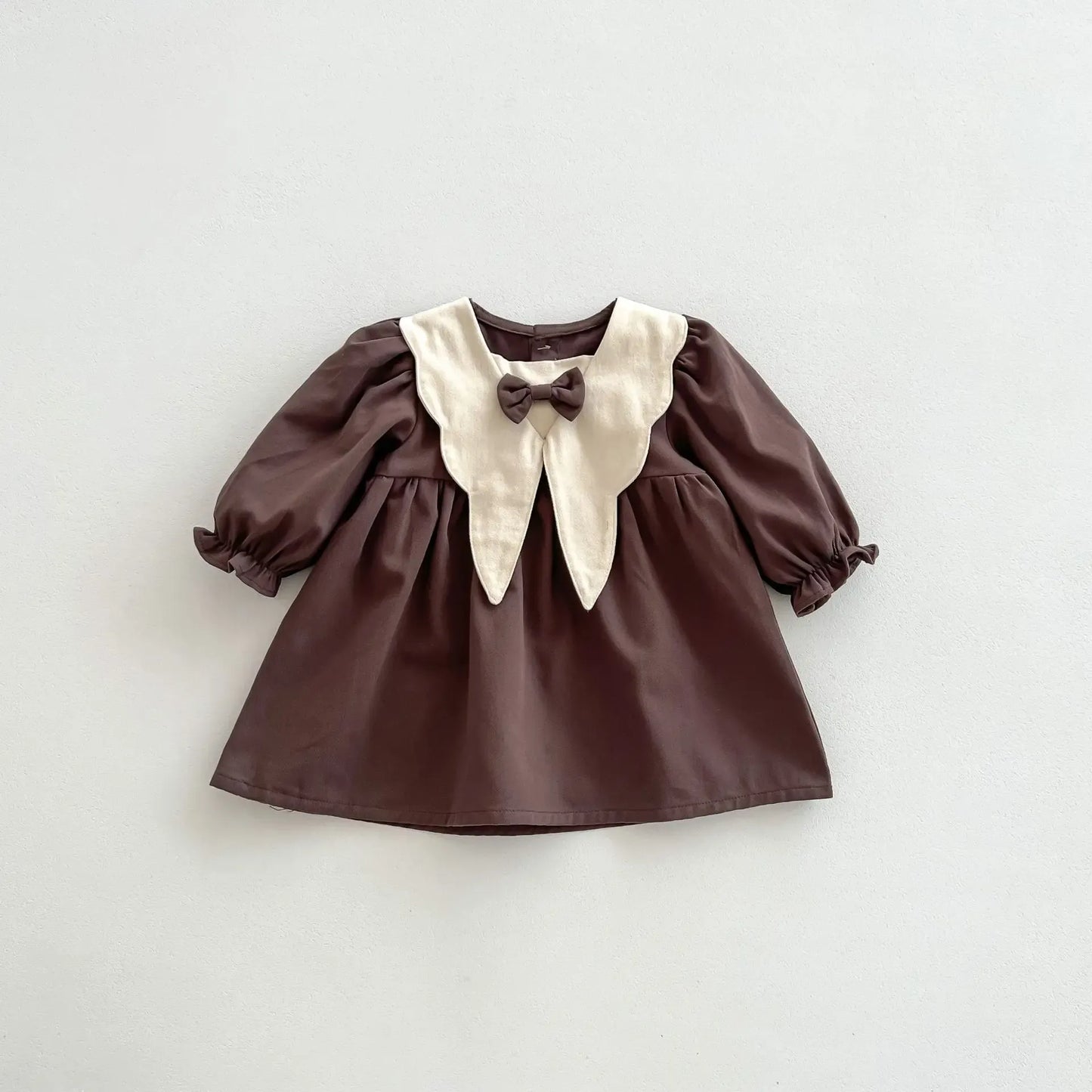 長袖ワンピース coffee / 73 for 6-9m ベビーキッズワンピース 長袖パフスリーブ 三角襟 リボン 2カラー