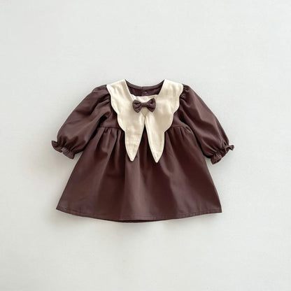 長袖ワンピース coffee / 73 for 6-9m ベビーキッズワンピース 長袖パフスリーブ 三角襟 リボン 2カラー