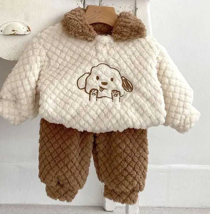 長袖セットアップ coffee / 73cm ベビーセットアップ 2点セット ボアフリース 襟付きトップス パンツ パピー 犬刺繍 2カラー ボーイズ 男の子 子供服