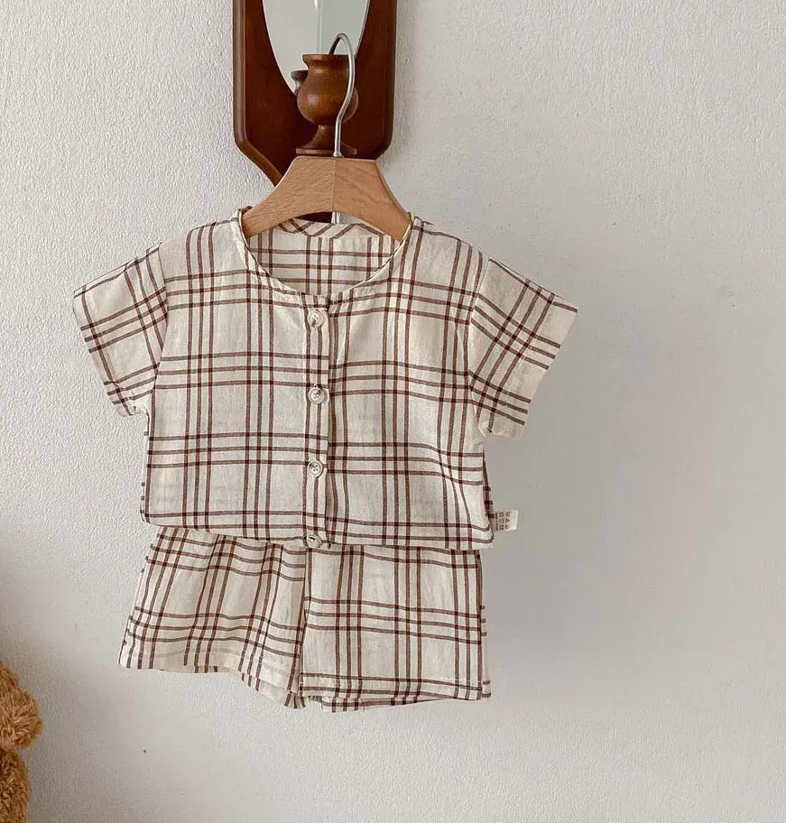 半袖セットアップ coffee / 73cm / 取り寄せ（3〜14日） ☺︎ ベビーセットアップ 2点セット 半袖シャツ+ショートパンツ チェック柄 2カラー