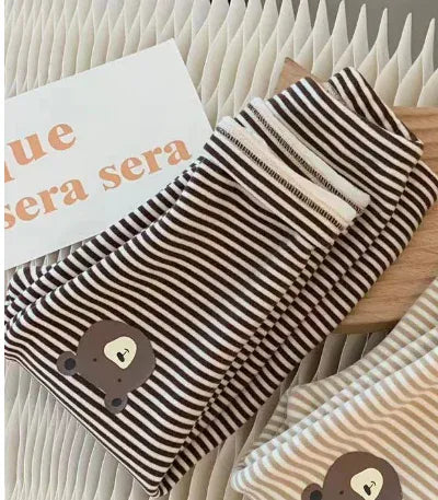 レギンスパンツ Coffee / 73cm 6-9M ベビーパンツ ベアくま膝パッチボーダー裏ボアフリースレギンスパンツ 3カラー【mh0007470】