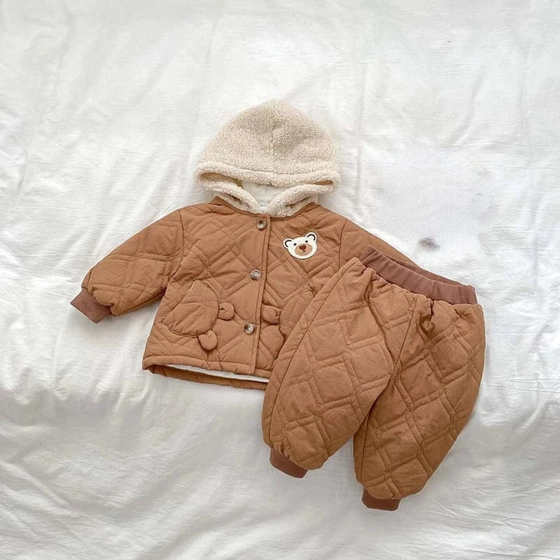 長袖セットアップ Coffee / 80cm ベビーキッズセットアップ 2点セット ベアくまキルティングフーディジャケット+キルティング防寒ロングパンツ 2カラー【mh0007583】