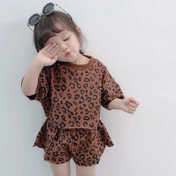 半袖セットアップ Coffee / 80cm キッズセットアップ 2点セット レオパードプリント 半袖Tシャツ+キュロットパンツ 4カラー【mh0006108】